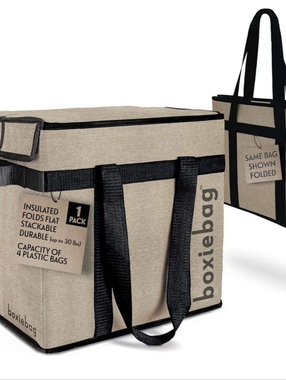 Boxiebag Reusable Grocery Bag in Beige and Black. NWOT